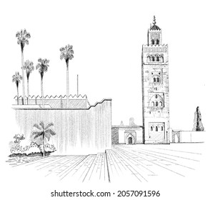 Esbozo de lápiz hecho a mano de la mezquita Al-Koutoubia en Marrakech, Marruecos. Arquitectura islámica 