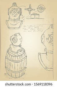 handmade pencil sketches on old yellowed parchment. the scheme of the underwater metal of the helmet. sketch of a wooden barrel. unreadable inscriptions in an incomprehensible language