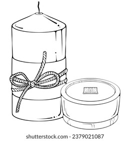 Handmade pillar candle tied with rope and candle in a glass jar. Spa aromatherapy candle. Close up black outline design element. Vector illustrations in hand drawn sketch style isolated on white.