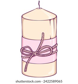 Handmade pillar candle tied with rope. Spa aromatherapy candle. Close up simple design element. Vector color illustrations in cartoon hand drawn style isolated on white