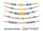 Handmade plastic bead bracelets. Friendship bracelets, kids handcraft cute accessories with with colored beads flat vector illustration set