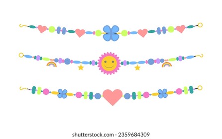 Handmade plastic bead bracelets. Friendship bracelets, kids handcraft cute accessories with with colored beads flat vector illustration set