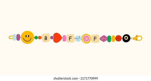 Handmade plastic beads bracelet. Cartoon 90s funky bracelets. Best friend. Old Friendship bands with letters, smiley, hearts, citrus, flower, eyes, bead. Hand made, diy. Hand drawn vector illustration