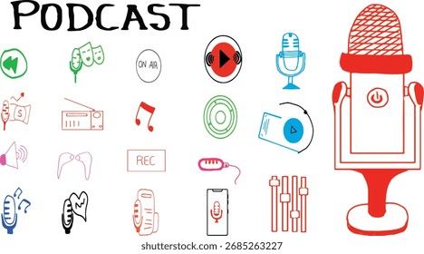 Iconos de podcast hechos a mano conjunto de Vectores ilustración de colección