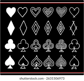 Pacote de Símbolo de Cartão de Poker Feito à Mão com Variações. Corações, diamantes, paus, espadas em branco sobre fundo preto. Rabiscos de mão.