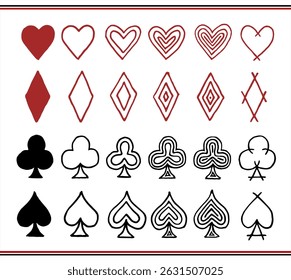 Pacote de Símbolo de Cartão de Poker Feito à Mão com Variações. Corações, diamantes, paus, espadas em tinta preta no papel. Rabiscos de mão.