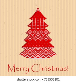Handmade postcard to New Year and Christmas. Congratulations are wrung out of craft paper with knitted Scandinavian pattern. Flat vector cartoon illustration. Objects isolated on white background.