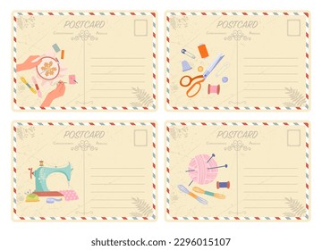 Handmade postcards set. Collection of envelopes with embroidery and handicraft. Scissors and needle and thread, sewing machine. Cartoon flat vector illustrations isolated on white background