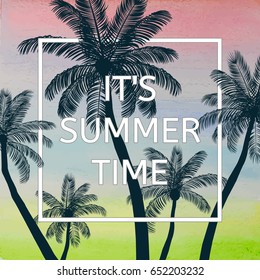 Handmade poster on watercolor background with palm trees. Vector illustration