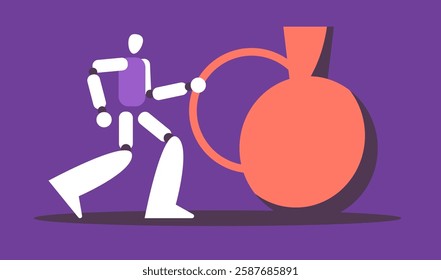 Handmade pottery with AI Robot. Ceramic vessels creation. Making pottery on wheel. Сontemporary artisan crafts. Flat vector illustration.