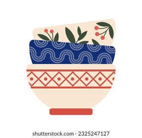 Handmade pottery with ancient patterns. Bowls with floral ornaments. Aesthetics and elegance, beauty. Kitchen utensil and cookware. Cartoon flat vector illustration isolated on white background
