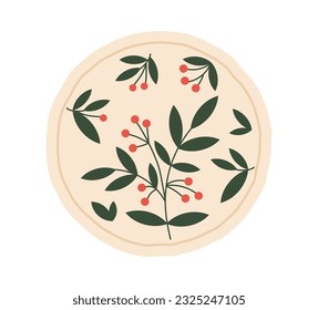 Handmade pottery with ancient patterns. Plate with floral ornaments with berries, cookware. Exhibit for museum and exhibition. Cartoon flat vector illustration isolated on white background