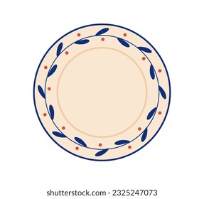 Handmade pottery with blue patterns. Ancient plate with traditional ornaments, cookware. Elegance and aesthetics, beauty. Cartoon flat vector illustration isolated on white background