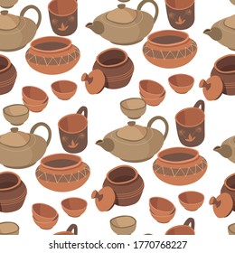 Handmade pottery, bowls and cups, plates and teapots seamless pattern. Tableware made of clay decorated with ornaments. Ethnic traditional dinnerware, kitchenware for rustic kitchen, vector in flat