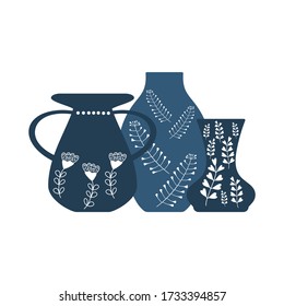 Handmade pottery, ceramic vases painted by hand. Pottery hobby. Flat vector illustration