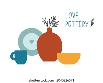 Handmade Pottery Ceramics Logo vector element. Creative Cute Сeramic products. Decorative label for pottery workshop, decor shop, postcard, banner. Love pottery. Ceramics studio.