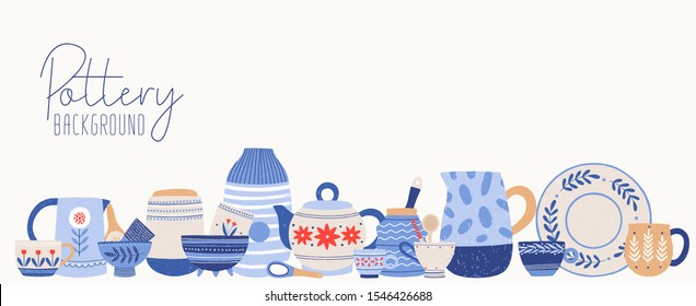 Handmade pottery flat vector illustration. Clean dinnerware background. Beautiful tableware isolated on white. Porcelain, faience, ceramic dishes. Stylish cookware and kitchen utensils.