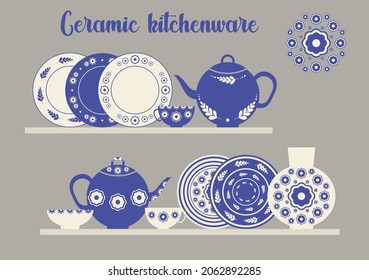 Handmade pottery flat vector illustration. Clean dinnerware background. Beautiful tableware isolated on white. Porcelain, faience, ceramic dishes. Stylish cookware and kitchen utensils.
