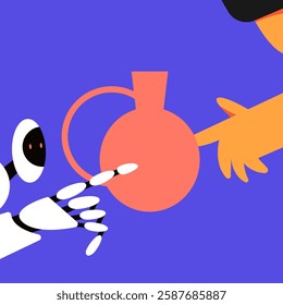 Handmade pottery with human and AI Robot. Ceramic vessels creation. Making pottery on wheel. Сontemporary artisan crafts. Flat vector illustration.