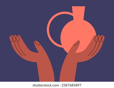 Handmade pottery makes by hands. Ceramic vessels creation. Making pottery on wheel. Сontemporary artisan crafts. Flat vector illustration.