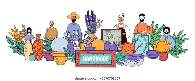 Handmade pottery market diverse artisans colorful ceramics plants decorative elements community gathering