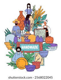 Handmade pottery market scene with diverse artisans displaying colorful ceramic pots vases and plants surrounded by vibrant foliage and frames