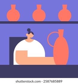 Handmade pottery shop. Ceramic vessels creation. Making pottery on wheel. Сontemporary artisan crafts. Flat vector illustration.