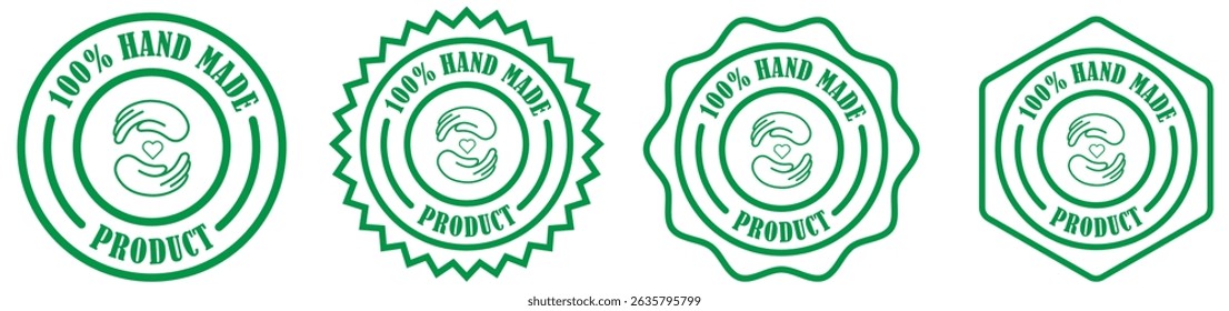 Handmade product circular badge in different frame on white background. A handmade product label vector. Round handmade product stamp. Handmade seal for packaging. Label icon for handcrafted item