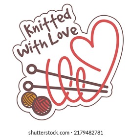 Handmade product knitted with love, made of wool threads. Handcrafted homemade clothes or accessories for apparel. Needlework logo. Sticker or emblem, logotype or badge. Vector in flat style