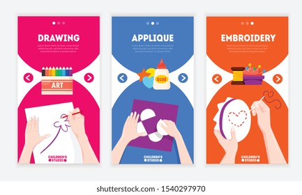 Handmade projects ideas for creative people 3 web vertical colorful banners with drawing applique embroidery vector illustration 