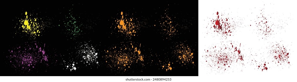 Hecho a mano rojo, verde, amarillo, blanco color pintura de Vector diferente pincel grunge trazo de tinta de sangre salpicadura de fondo conjunto