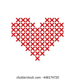 Hand-made red heart embroidered  with a cross isolated on white background. Art vector illustration.