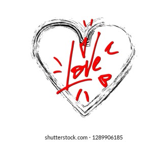 A hand-made red inscription “love” on an ink-imitated heart for greeting cards or cup and t-shirts prints to make your relatives or beloved smile and to remind them of your feeling