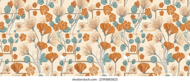 Handmade repeating floral pattern with orange and beige flowers and teal foliage on cream background with subtle grid texture, for gift wrap and wallpaper