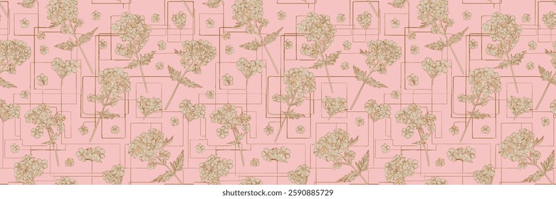 Handmade repeating pattern of faded green floral designs and geometric shapes on pink background, for gift wrap and wallpaper