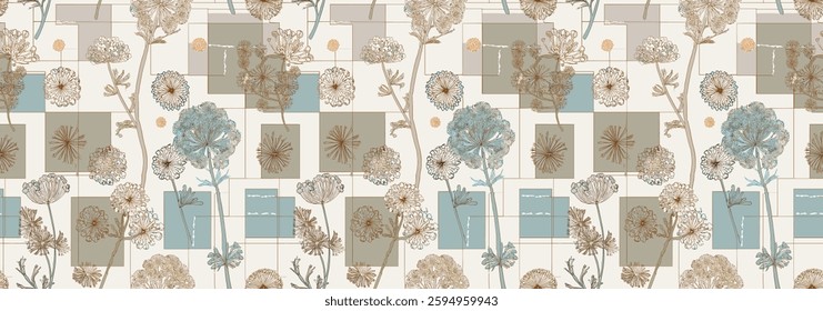 Handmade repeating pattern of stylized floral and geometric shapes in soft, muted color palette, for gift wrap and wallpaper
