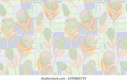 Handmade repeating pattern of stylized proteflowers and leaves with soft, pastel color palette against subtle plaid background, for gift wrap and wallpaper