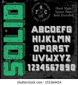 Handmade retro font. 3d extruded type. Grunge textures placed in separate layers. Vector illustration.