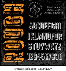 Handmade retro font. 3d extruded type. Grunge textures placed in separate layers. Vector illustration.