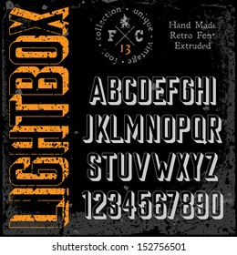 Handmade retro font. 3d extruded type. Grunge textures placed in separate layers. Vector illustration.