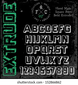 Handmade retro font. 3d extruded type. Grunge textures placed in separate layers. Vector illustration.