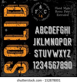 Handmade retro font. 3d extruded type. Grunge textures placed in separate layers. Vector illustration.