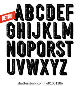 Handmade retro font. Black dot inline condensed hand drawn alphabet. Sans serif type with shadow. 