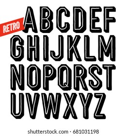 Handmade retro font. Black dot inline condensed hand drawn alphabet. Sans serif type with shadow. 