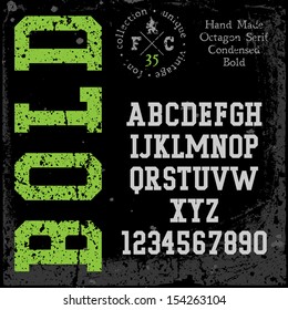 Handmade retro font. Slab serif condensed type. Grunge textures placed in separate layers. Vector illustration.