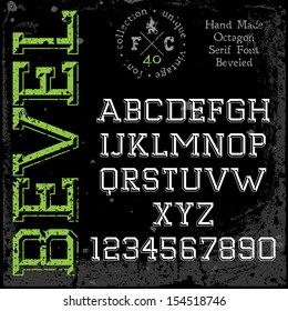 Handmade retro font. Slab serif 3d beveled type. Grunge textures placed in separate layers. Vector illustration.