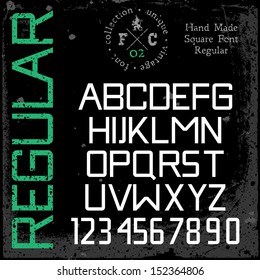 Handmade retro font. Square regular type. Grunge textures placed in separate layers. Vector illustration.