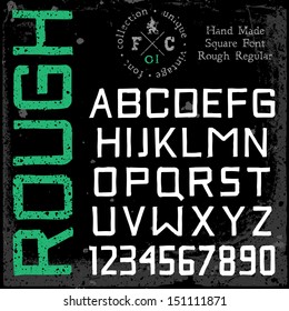 Handmade retro font. Square rough regular type. Grunge textures placed in separate layers. Vector illustration.