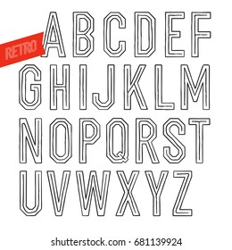 Handmade retro inline outline font. White letters on white background. Sans serif type. Decorative vector alphabet