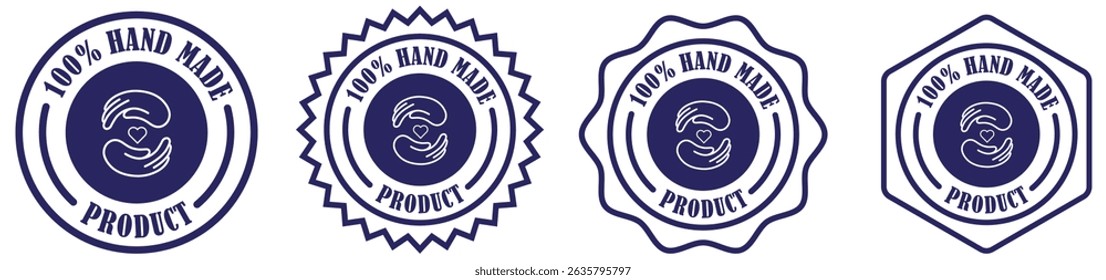 Handmade rubber stamp on white background. Label icon for handcrafted item. Hand and heart badge icon. Round handmade product stamp. Handmade seal for packaging. Simple handmade logo badge. Vector